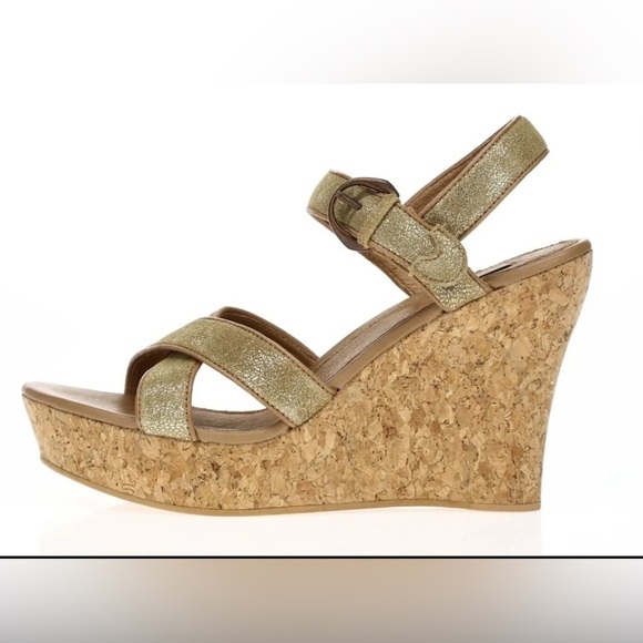UGG Shoes - UGG Australia Womens Gold Shimmer Leather Ankle Strap High Wedge Sandal Size 8.5